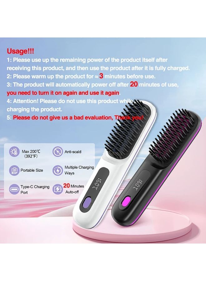 Black Cordless Hair Straightener Brush Rapid Heating USB Rechargeable Lightweight Anti Scald - Image 3